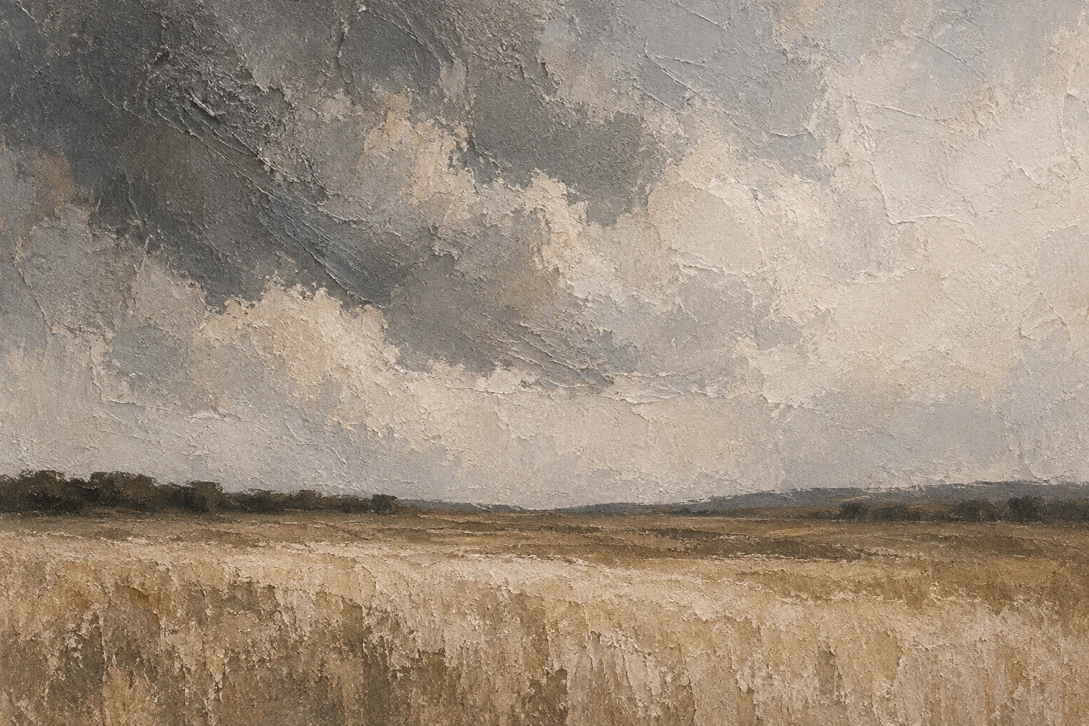 A wheat field under a heavy sky in stone, sand, olive, sage; landscape artwork.
