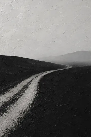A dirt road curving into fog in black, stone, gray, charcoal; portrait artwork.