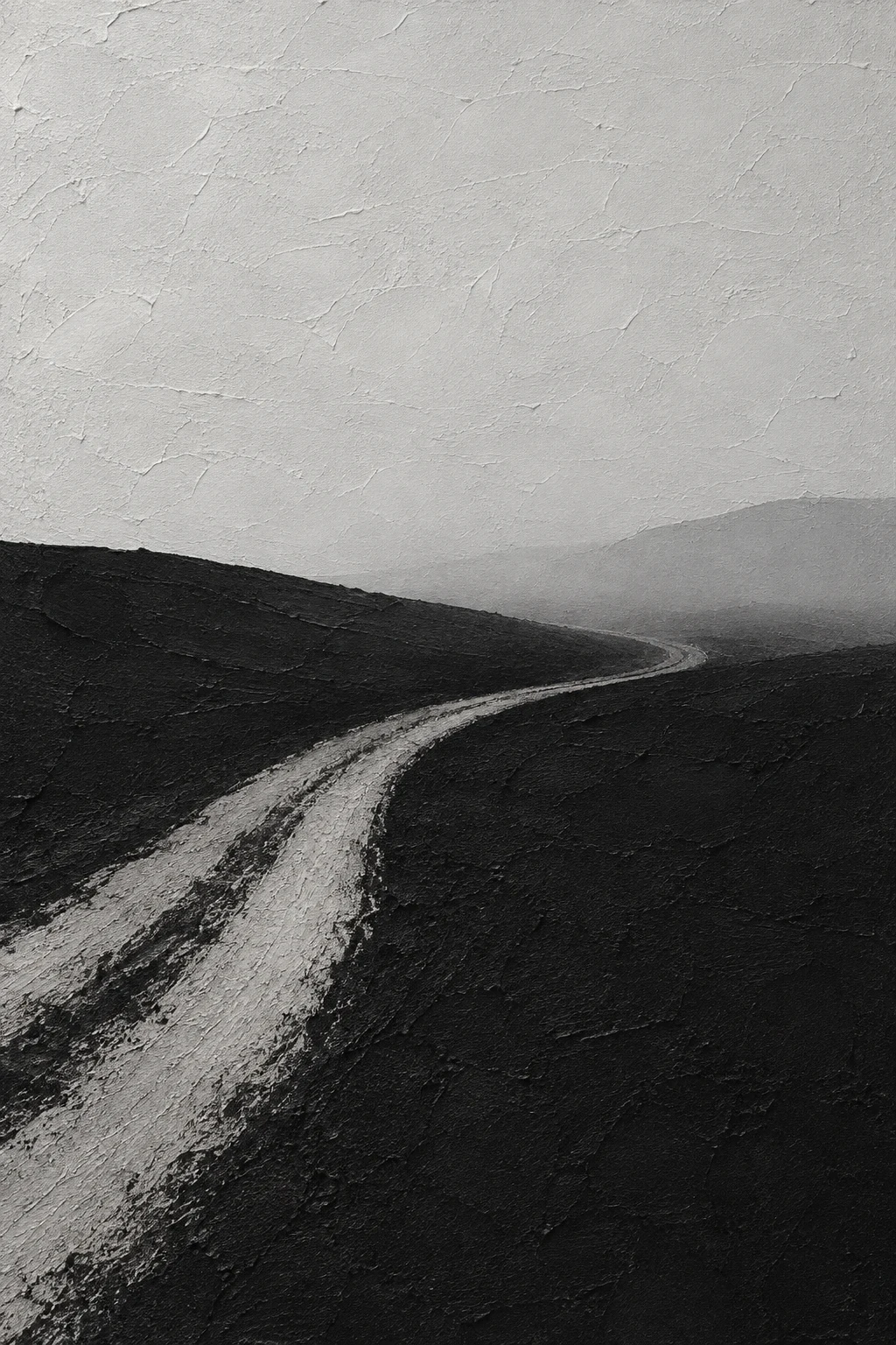 A dirt road curving into fog in black, stone, gray, charcoal; portrait artwork.