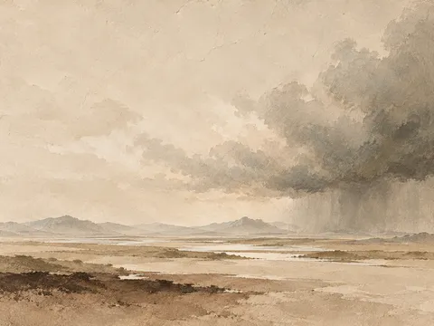 A wide plain with a distant storm in cream, stone, sage, sand; landscape artwork.
