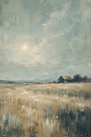 A lone barn far away in a wide field in stone, gray, taupe, charcoal; portrait artwork.
