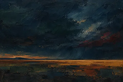 A wide plain with a distant storm in black, brown; landscape artwork.