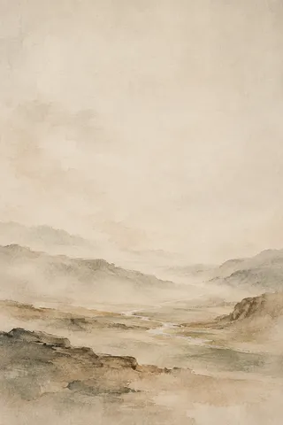 A valley floor with a thin silver stream in cream, stone, sand, sage; portrait artwork.
