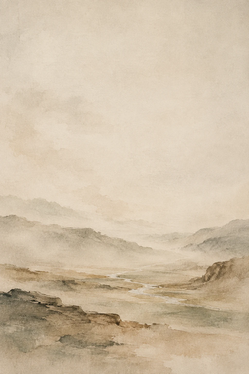 A valley floor with a thin silver stream in cream, stone, sand, sage; portrait artwork.