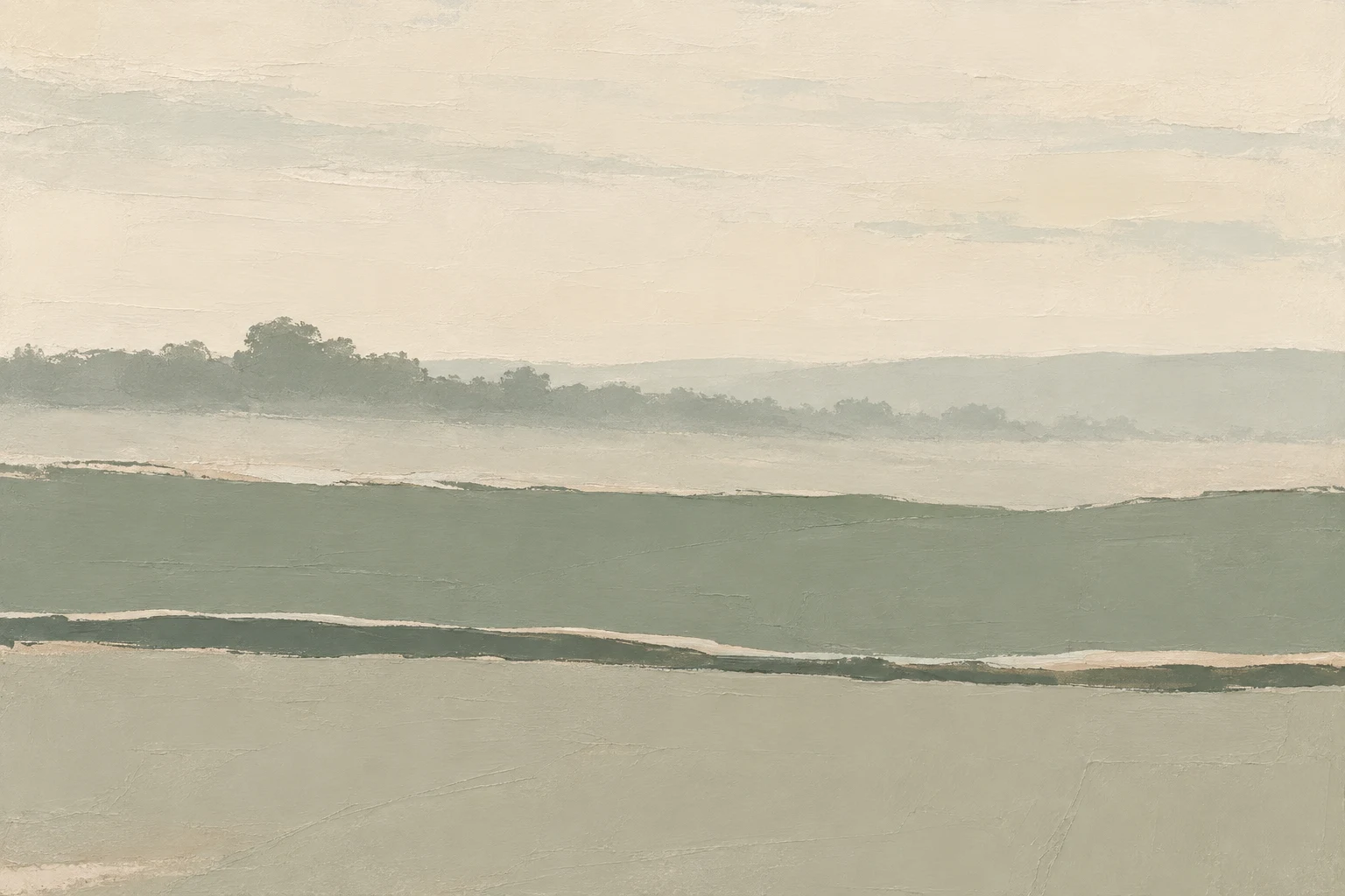A hedgerow line in mist in cream, stone, sage, gray; landscape artwork.