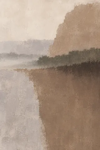 A hedgerow line in mist in taupe, stone, cream, gray; portrait artwork.