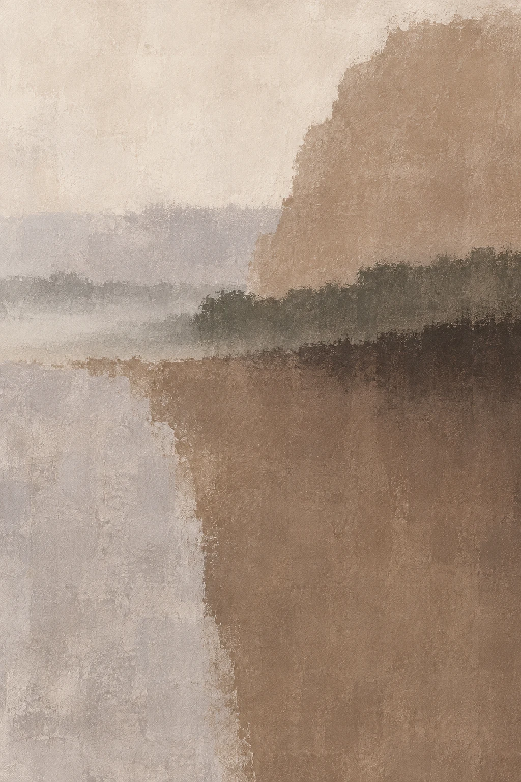 A hedgerow line in mist in taupe, stone, cream, gray; portrait artwork.