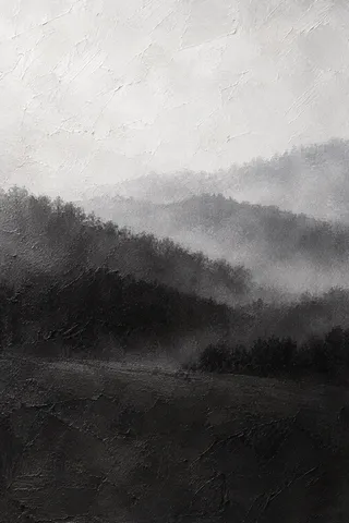 Rolling hills dissolving into haze in black, cream, charcoal, stone; portrait artwork.