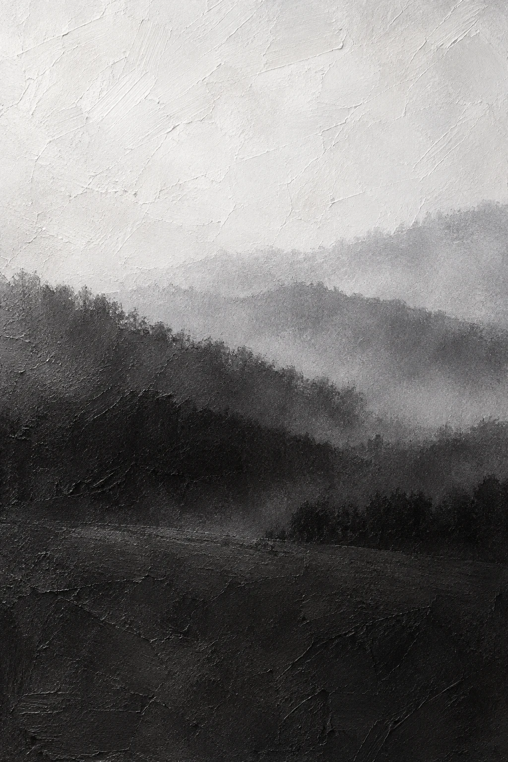 Rolling hills dissolving into haze in black, cream, charcoal, stone; portrait artwork.
