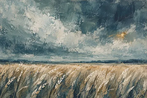 A wheat field under a heavy sky in gray, stone, charcoal, blue; landscape artwork.