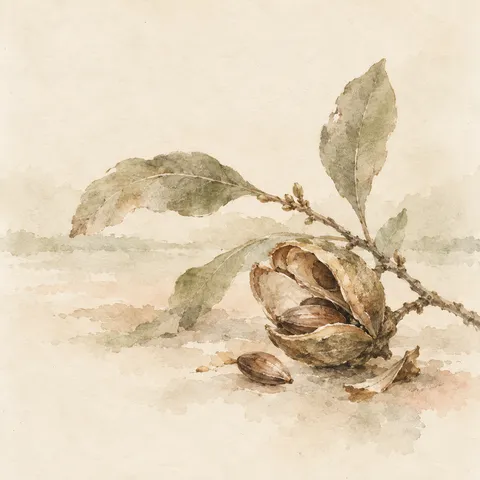 A seed pod split open in cream, white, stone, taupe; square artwork.