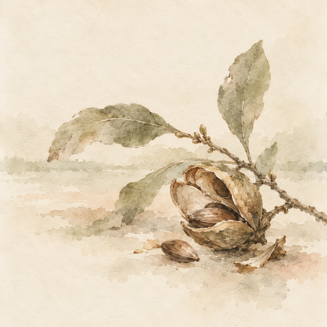 A seed pod split open in cream, white, stone, taupe; square artwork.
