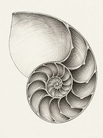 A cross-section of a nautilus in white, gray, stone, cream; portrait artwork.