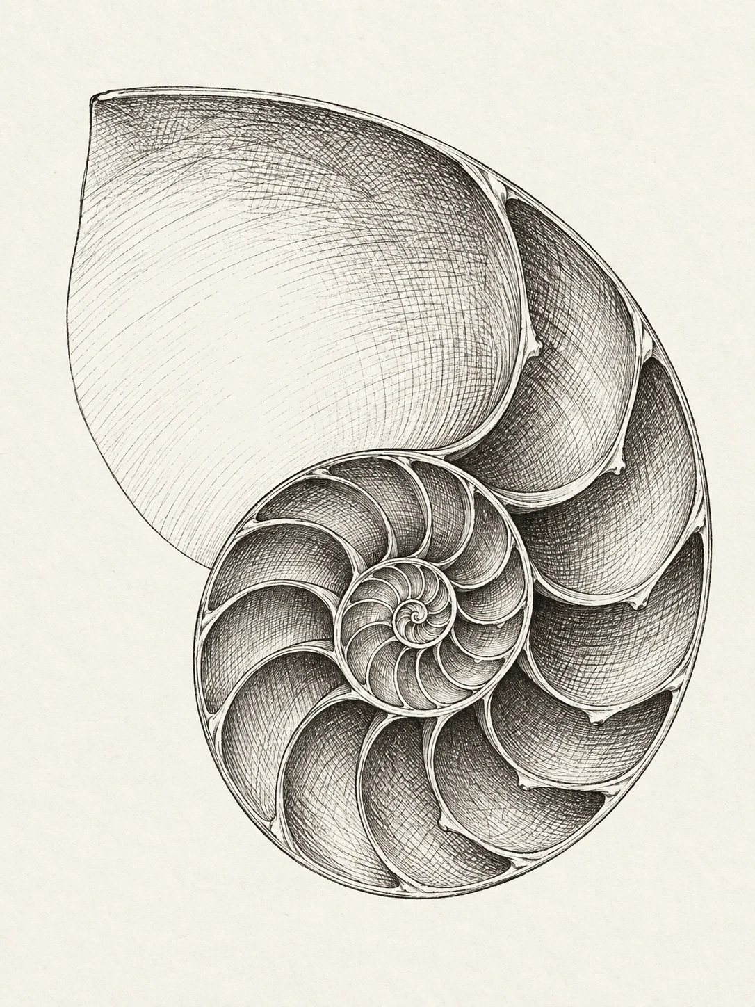 A cross-section of a nautilus in white, gray, stone, cream; portrait artwork.