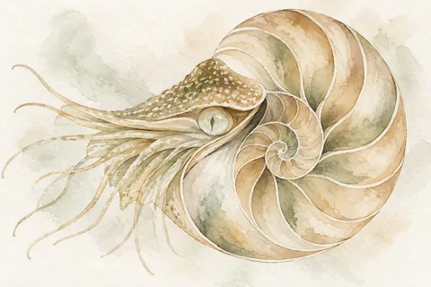 A cross-section of a nautilus in white, cream, stone, sand; landscape artwork.