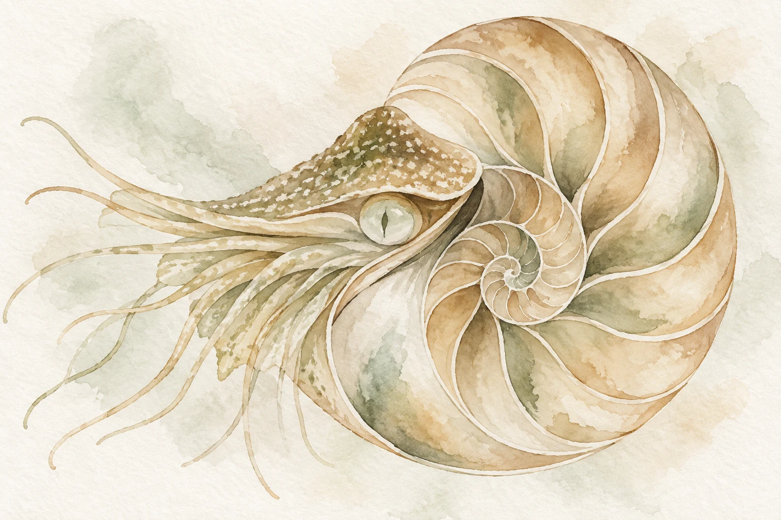 A cross-section of a nautilus in white, cream, stone, sand; landscape artwork.