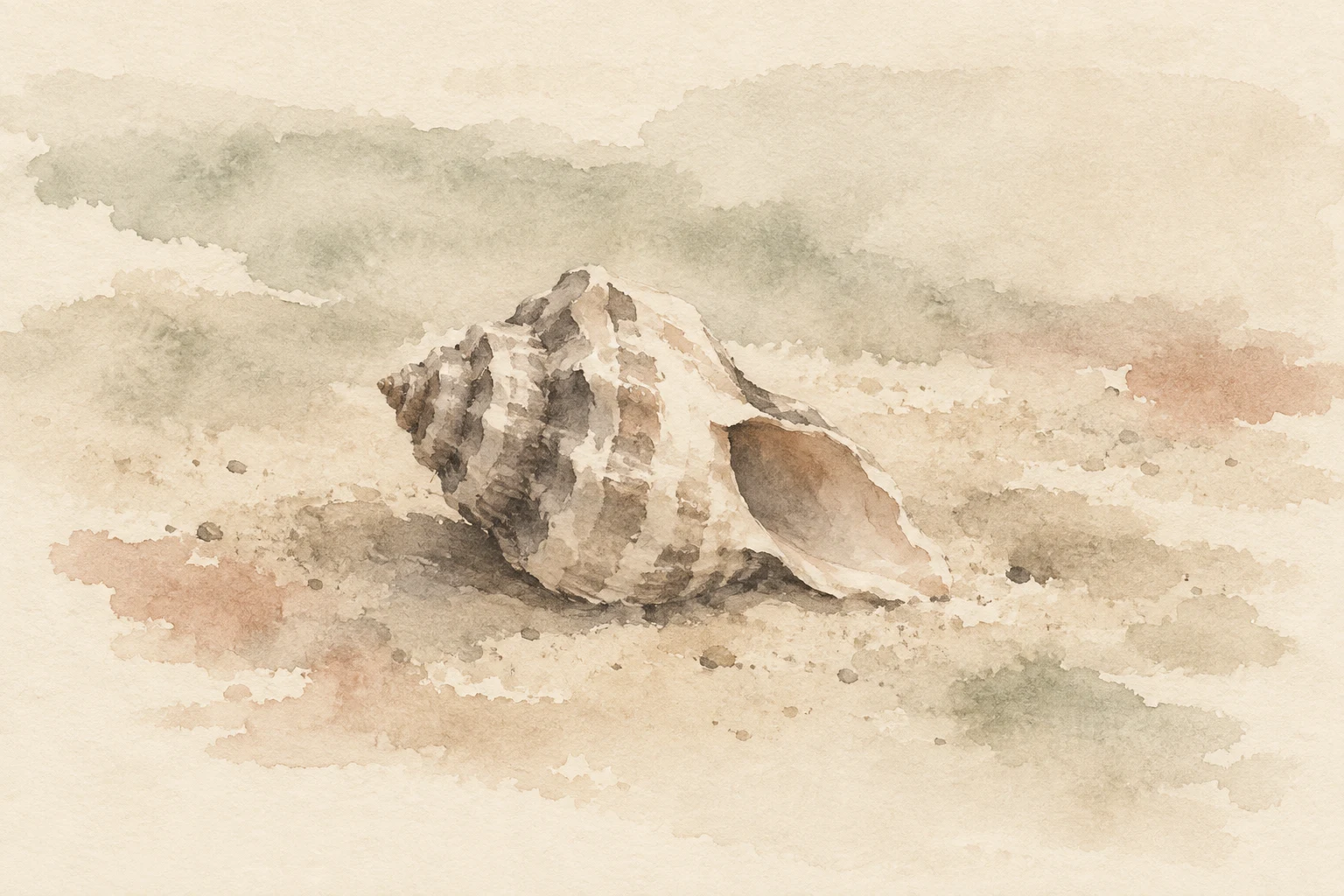 A single shell on sand in cream, stone, sand; landscape artwork.