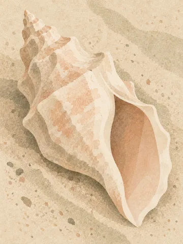 A single shell on sand in cream, sand, stone; portrait artwork.