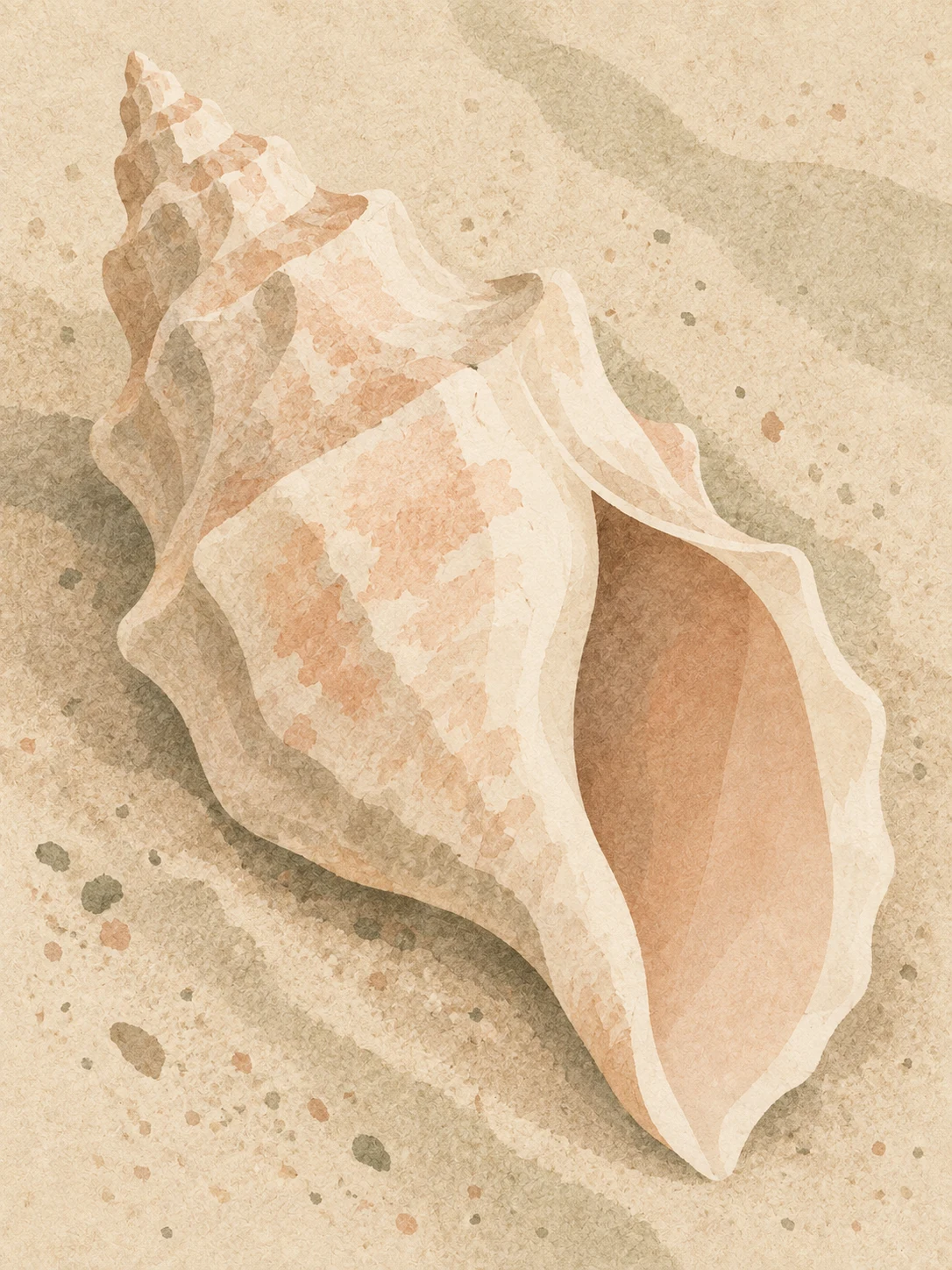 A single shell on sand in cream, sand, stone; portrait artwork.