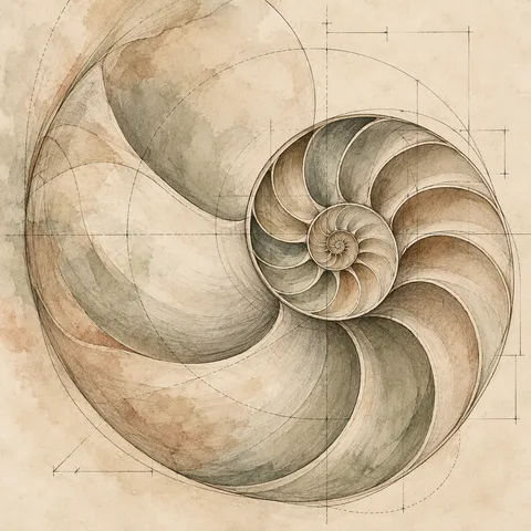 A snail shell spiral in cream, stone, sage, sand; square artwork.