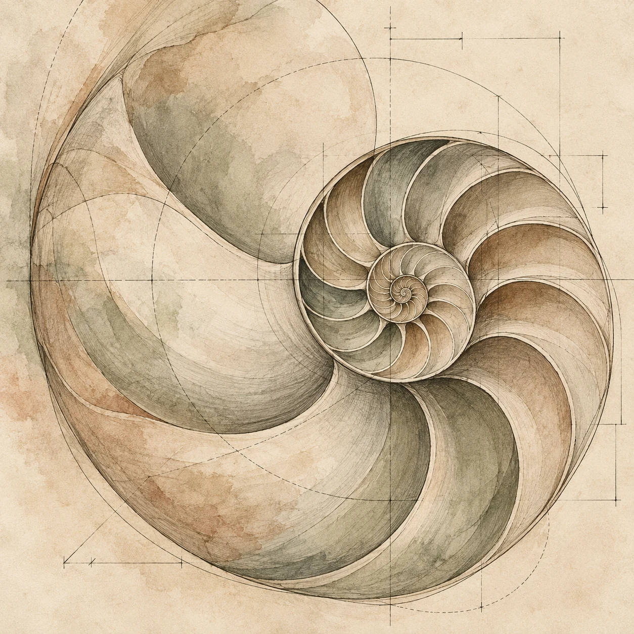A snail shell spiral in cream, stone, sage, sand; square artwork.