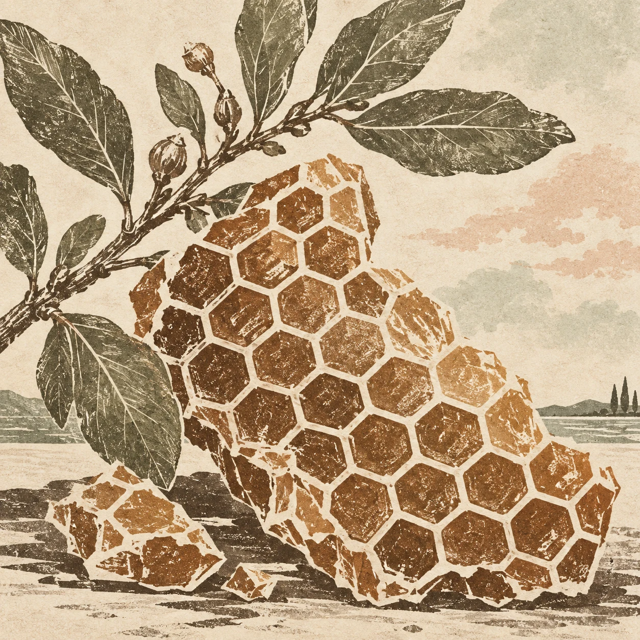 A honeycomb fragment in cream, olive, taupe, sage; square artwork.