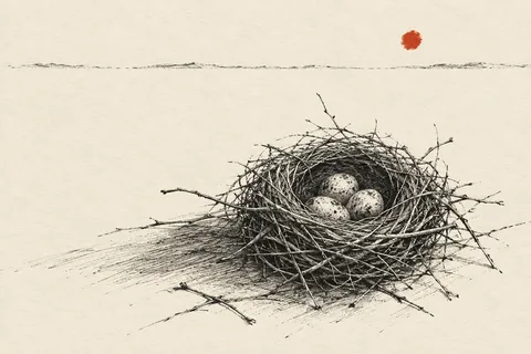 A bird's nest with three eggs in cream, charcoal, white, gray; landscape artwork.