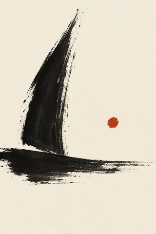 A single distant sail reduced to two strokes in white, black, cream; portrait artwork.