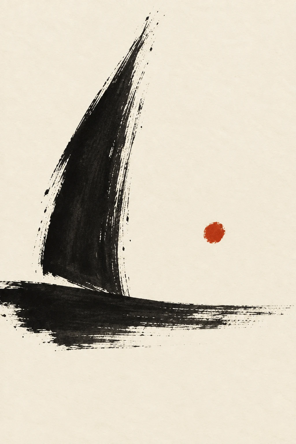 A single distant sail reduced to two strokes in white, black, cream; portrait artwork.