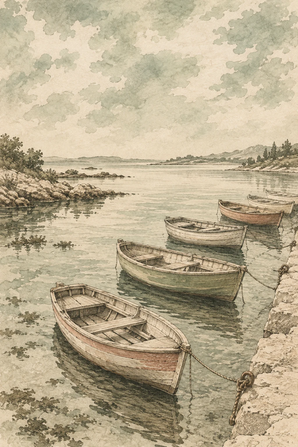 A row of small boats at rest, from above in stone, cream, taupe, sand; portrait artwork.