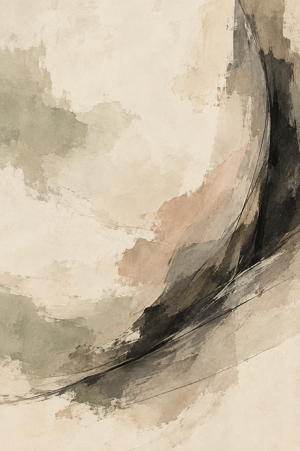 A boat hull curve entering from one edge in cream, sand, sage, charcoal; portrait artwork.