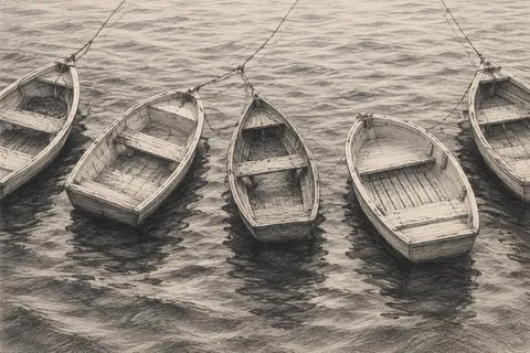 A row of small boats at rest, from above in stone, gray, charcoal, sand; landscape artwork.