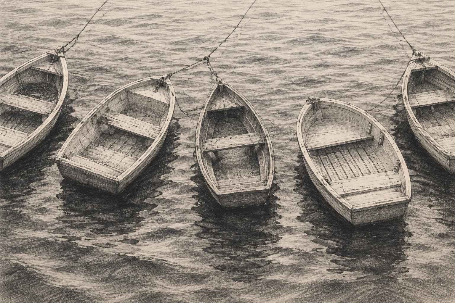 A row of small boats at rest, from above in stone, gray, charcoal, sand; landscape artwork.