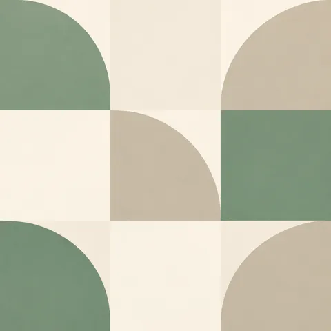 A tile pattern of quarter circles in white, sage, stone; square artwork.