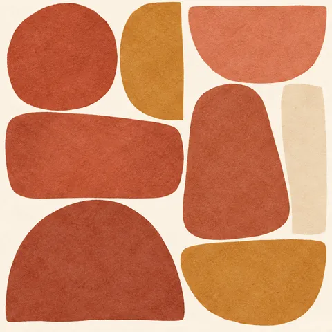 A loose grid of brush dots in terracotta, orange, white, cream; square artwork.