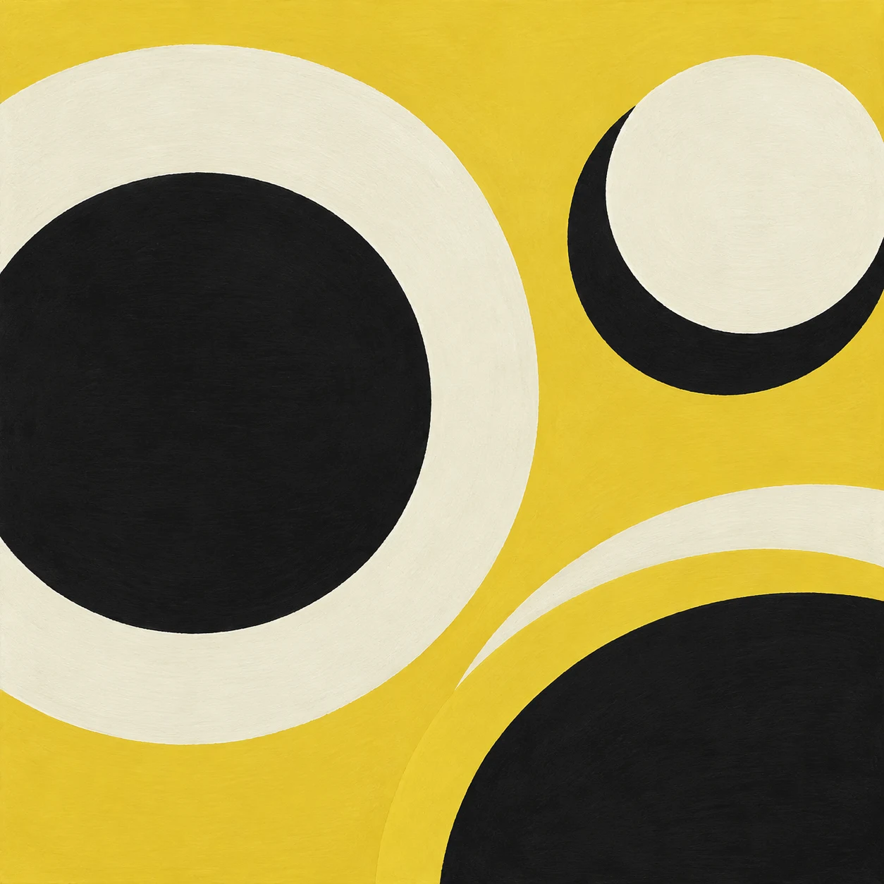 Concentric circles drawn freehand in black, yellow, cream; square artwork.