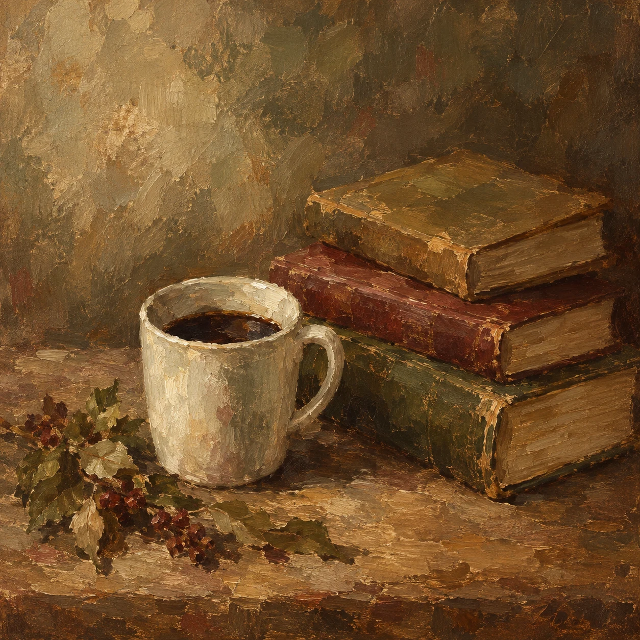 A stack of three books and a cup in brown, taupe, burgundy, olive; square artwork.