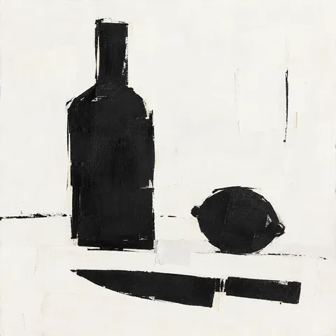 A bottle, a lemon and a knife in white, black, cream; square artwork.