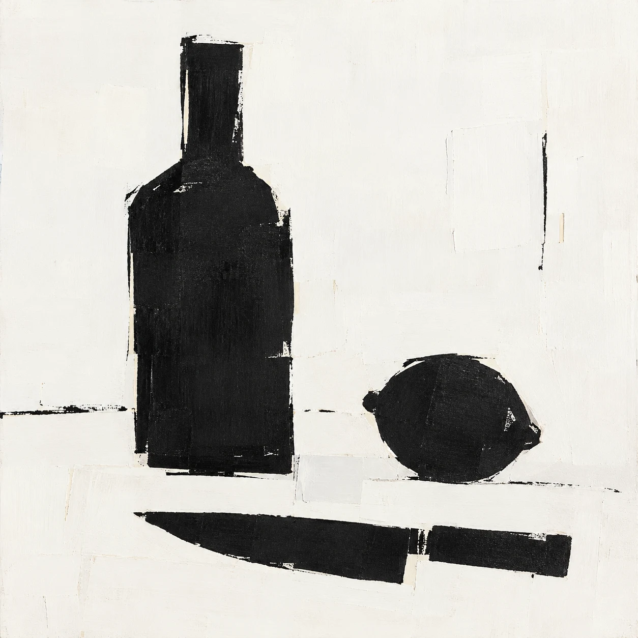 A bottle, a lemon and a knife in white, black, cream; square artwork.