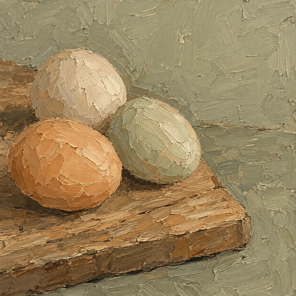 Three eggs on a wooden board in sage, taupe, ochre, brown; square artwork.