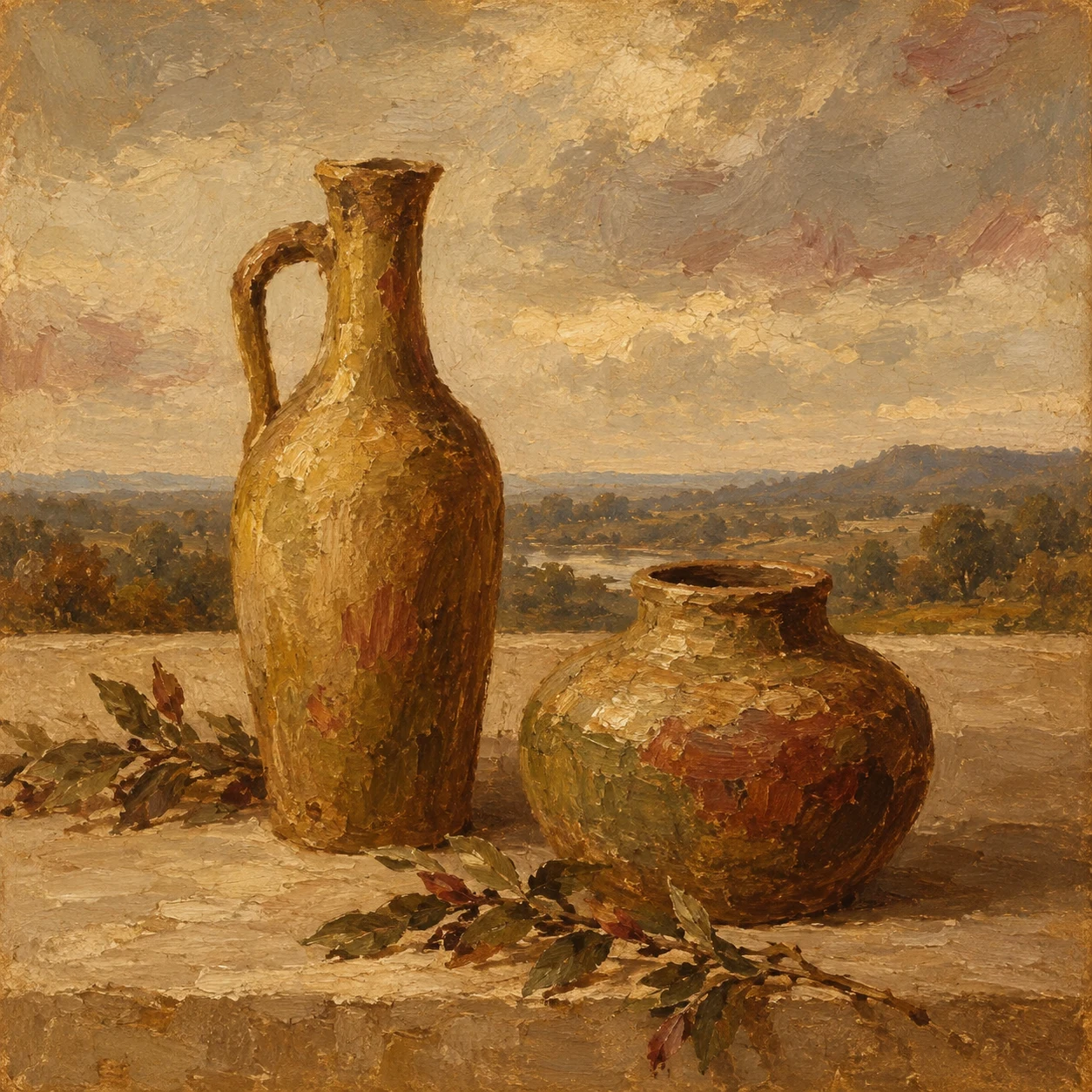Two clay vessels, one tall one squat in sand, ochre, brown, terracotta; square artwork.