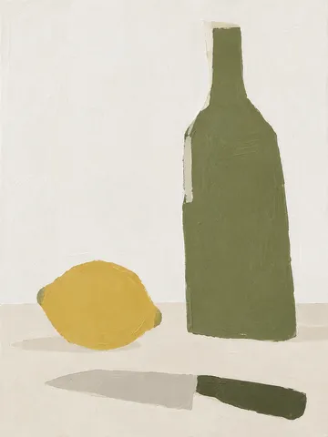 A bottle, a lemon and a knife in cream, white, olive, sage; portrait artwork.