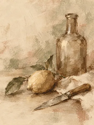 A bottle, a lemon and a knife in cream, sand, stone, ochre; portrait artwork.