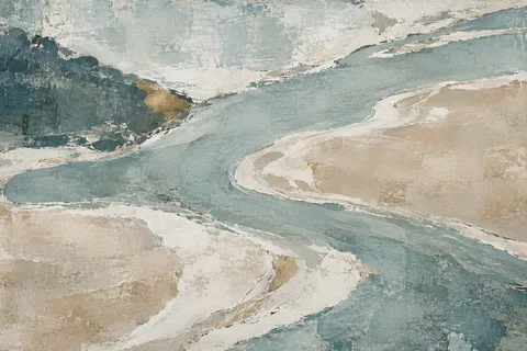 A river bend from above in stone, gray, sand, cream; landscape artwork.