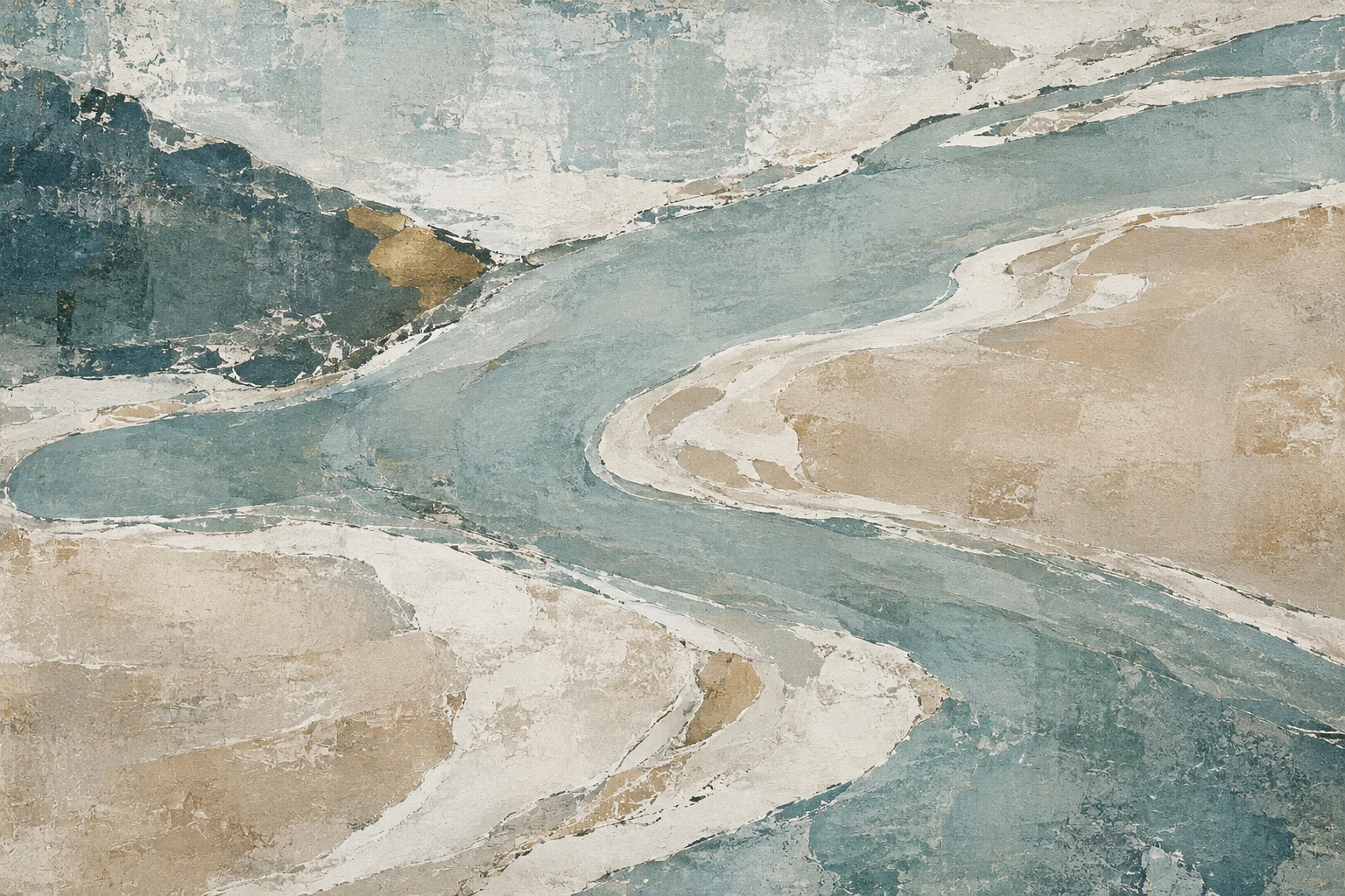 A river bend from above in stone, gray, sand, cream; landscape artwork.