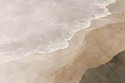 A shoreline foam line seen from above in cream, stone, sand, olive; landscape artwork.