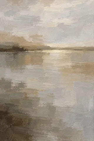 A still water surface as pure tonal bands in stone, sand, taupe, cream; portrait artwork.