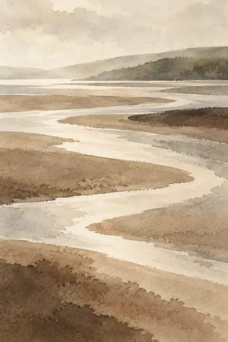 Wet sand ribbons after the tide in cream, sage, brown, sand; portrait artwork.