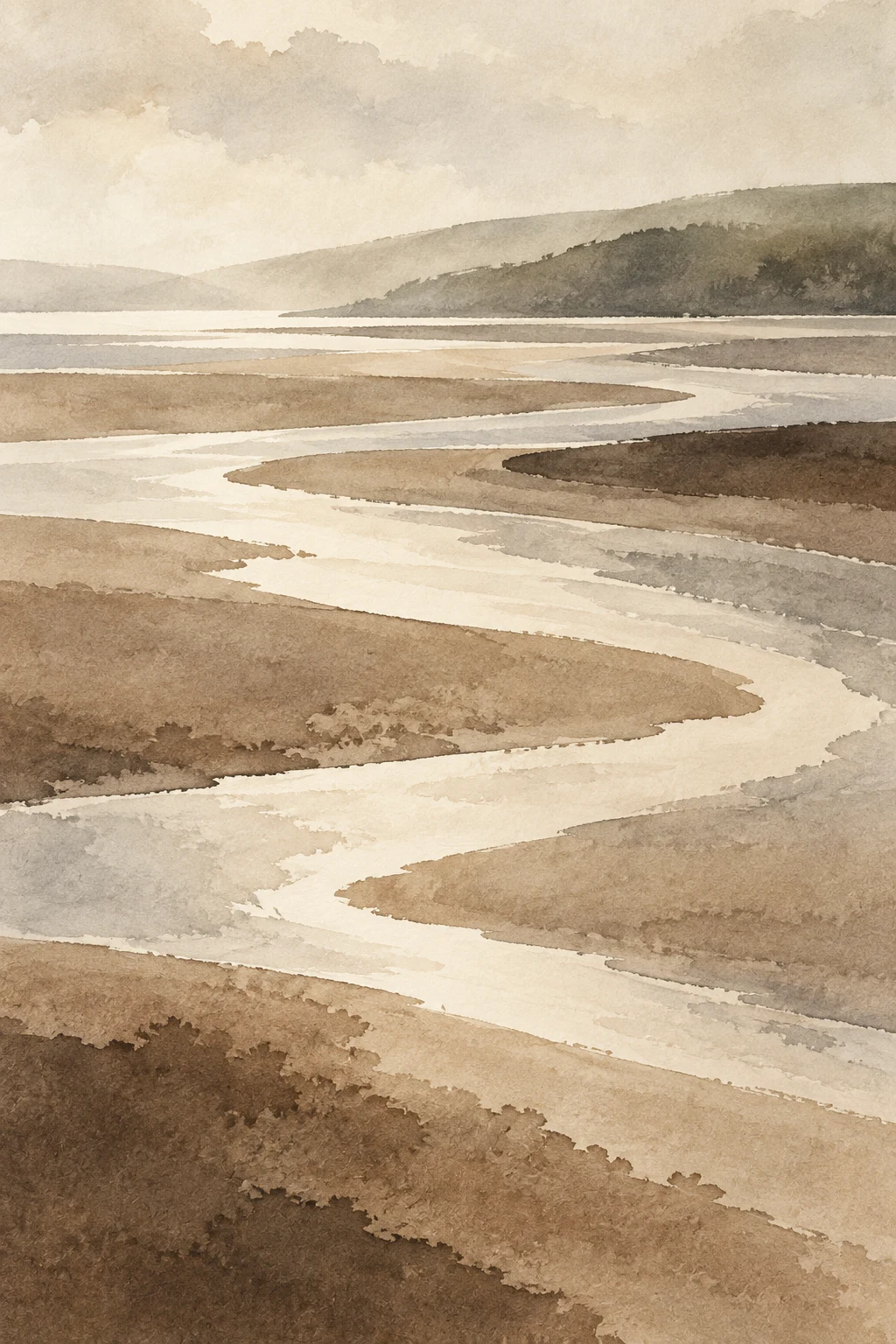 Wet sand ribbons after the tide in cream, sage, brown, sand; portrait artwork.