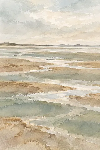 Wet sand ribbons after the tide in cream, stone, sand, sage; portrait artwork.